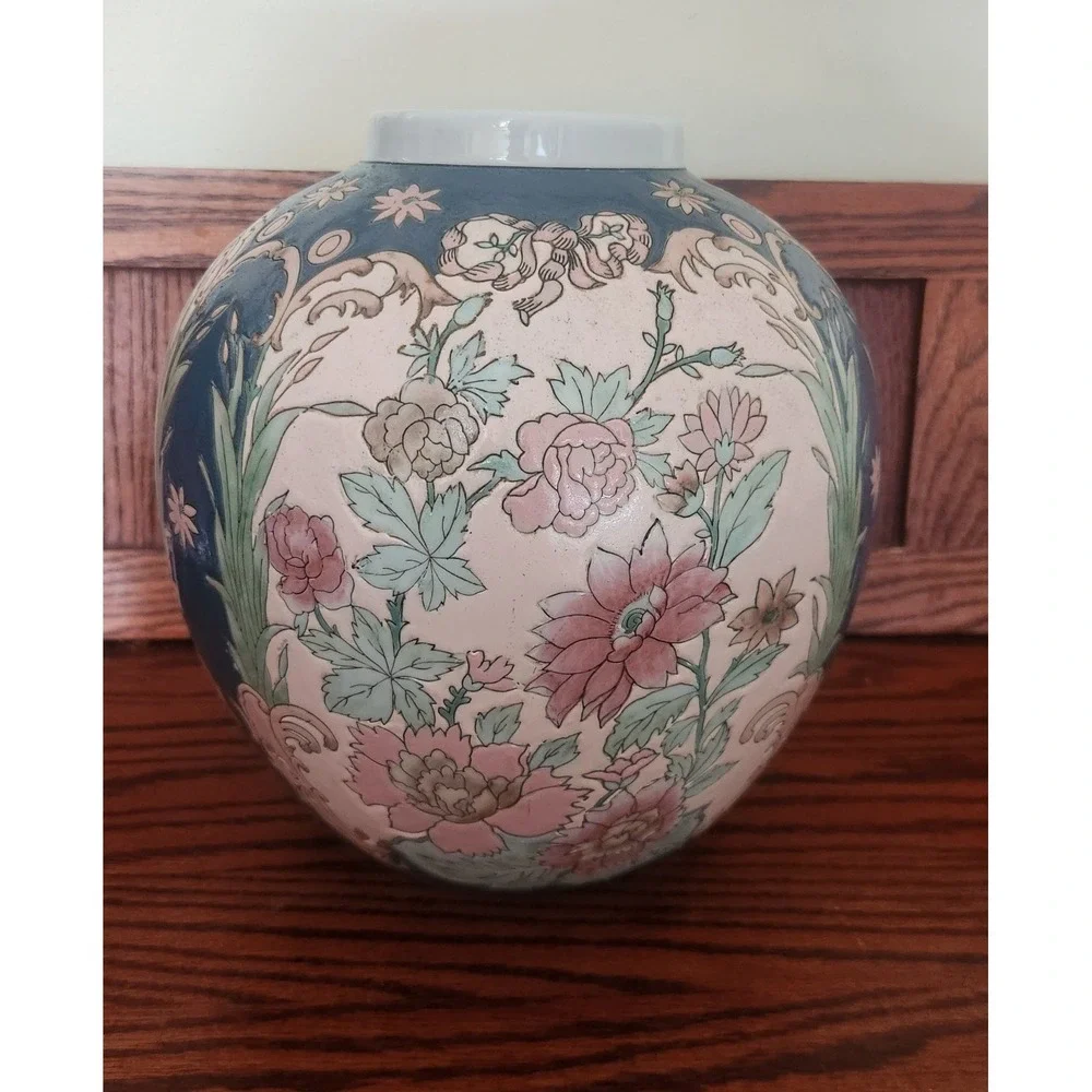 Beautiful Vintage Clue And Pink Floral Ceramic Vase Made In China